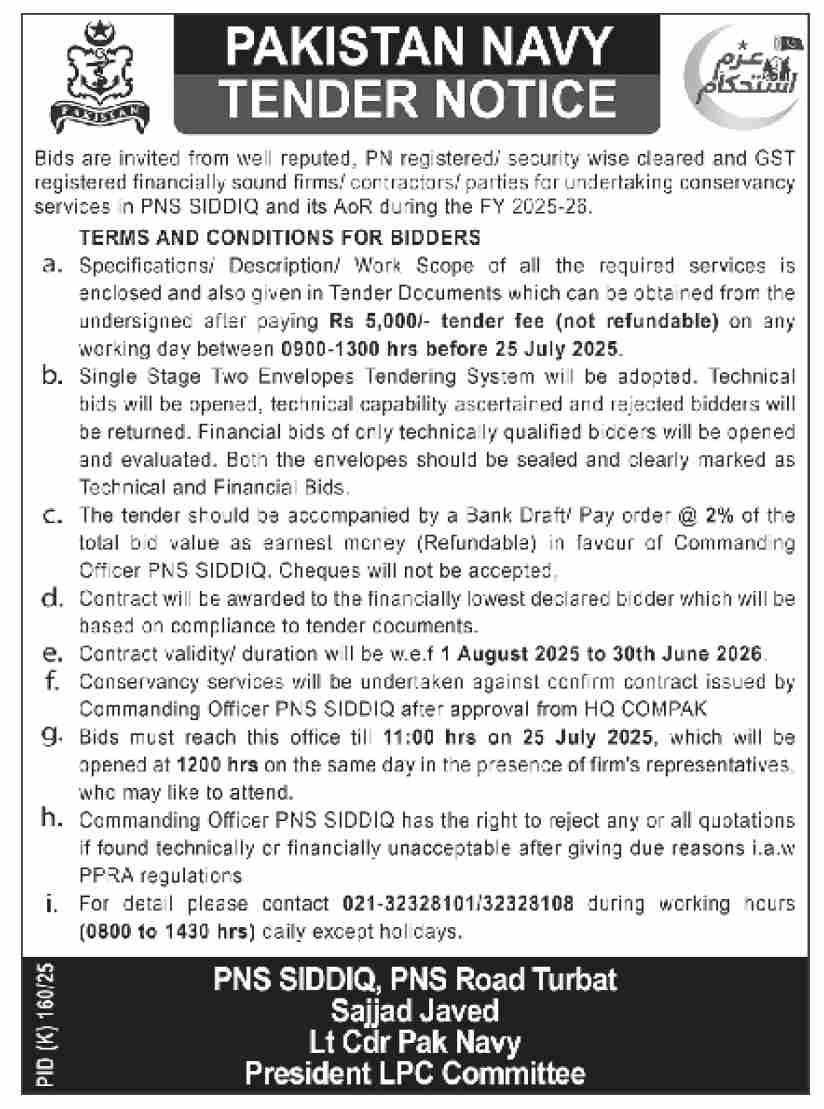 Pakistan Navy Karachi Tender Notice